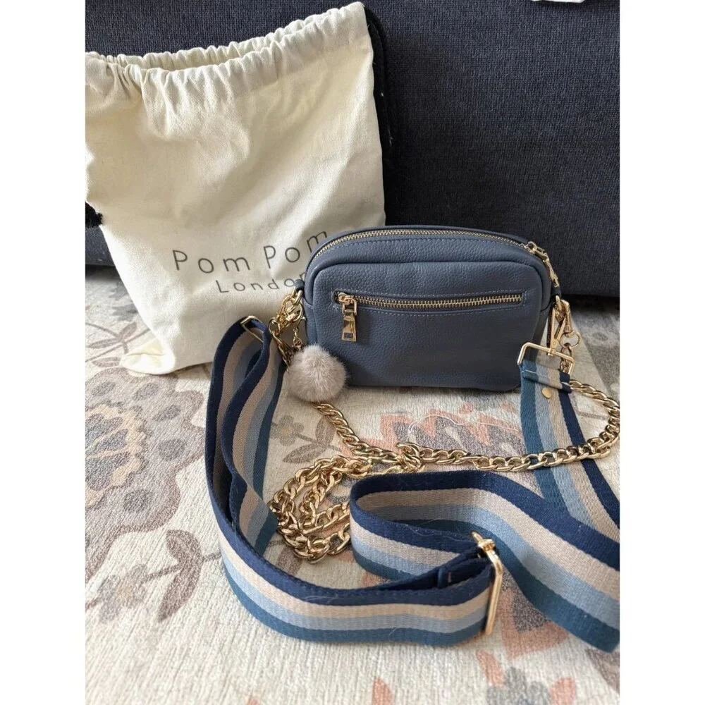 Pom Pom London Original Leather Crossbody Bag In Slate Blue With 2 Straps Small